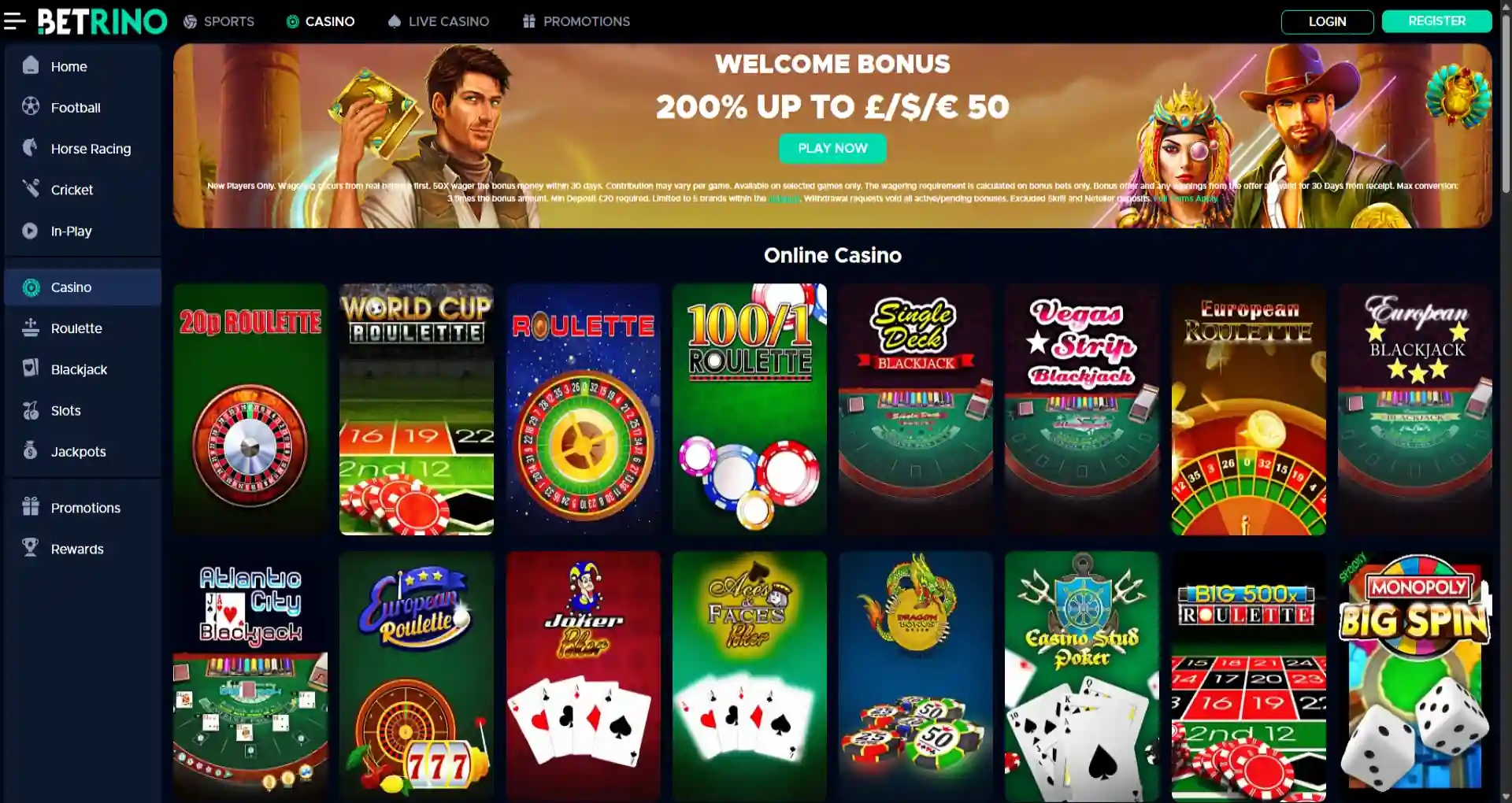 Betrino casino homepage
