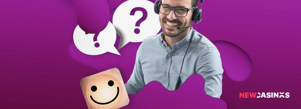 man wearing headset, with a question mark icon and smiling icon.