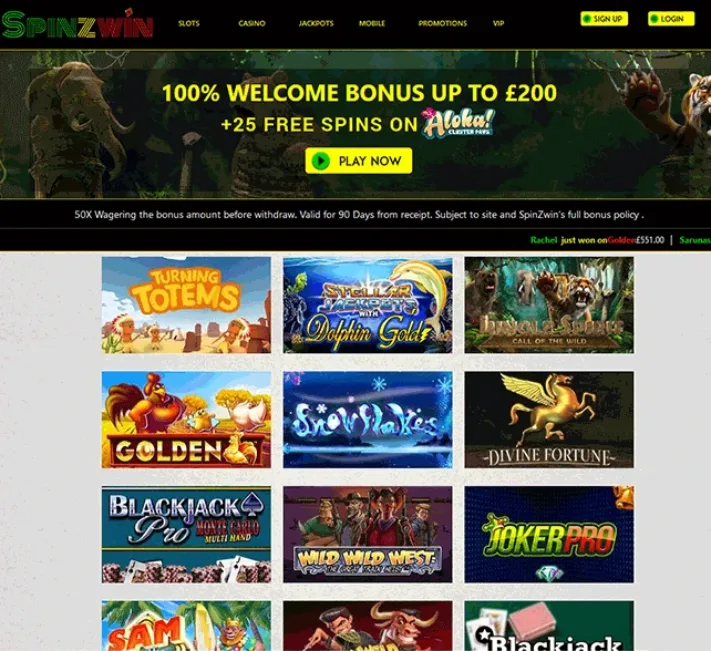 Spinz Win Casino Homepage Front