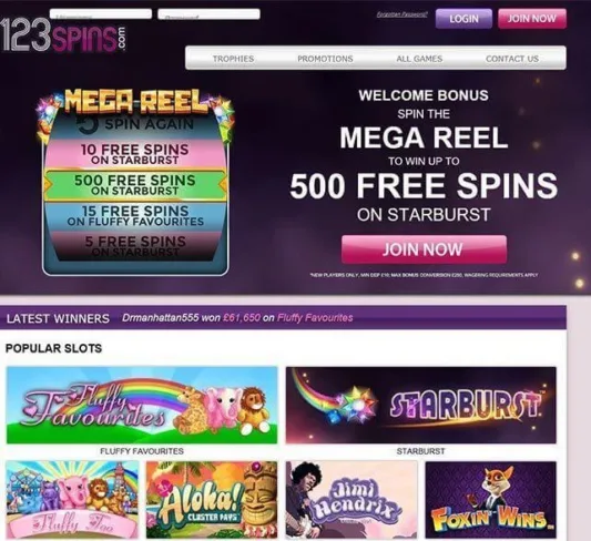 Screenshot of the 123 Spins Homepage