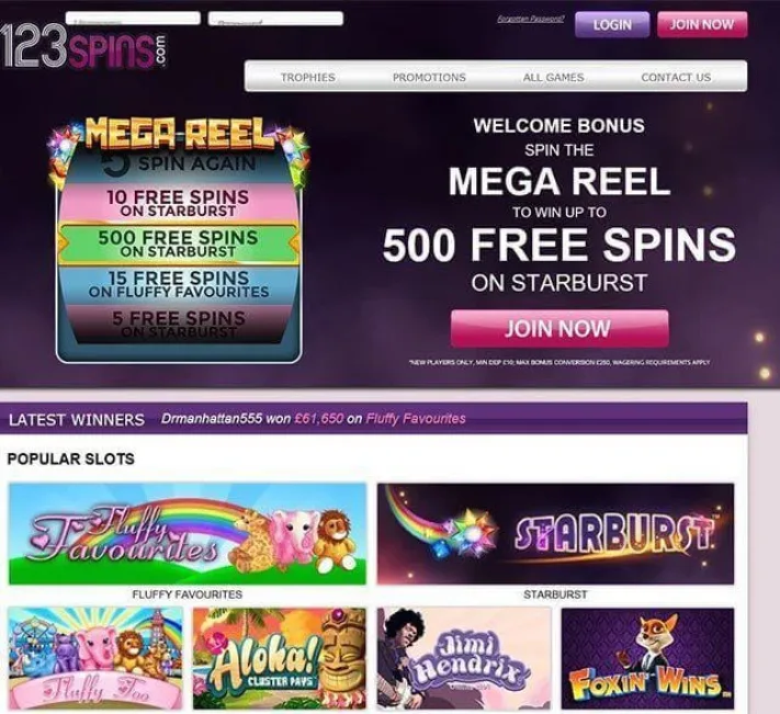 Screenshot of the 123 Spins Homepage