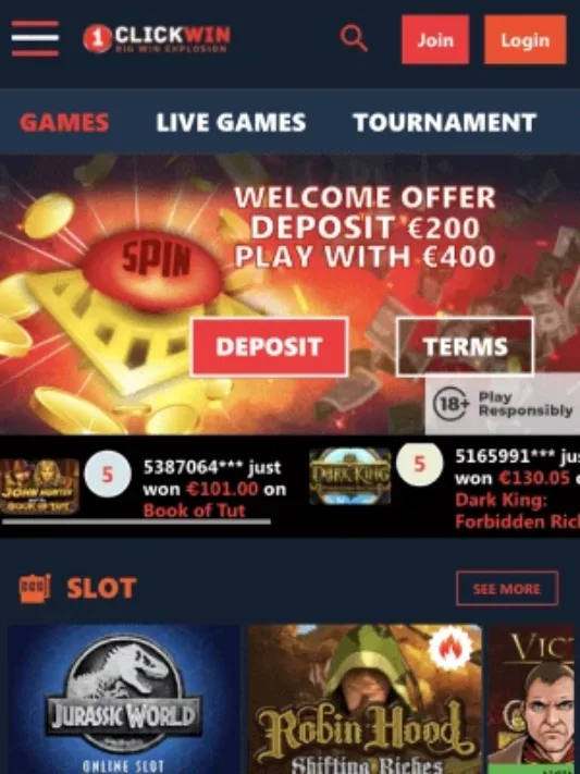 1ClickWin Casino games on mobile