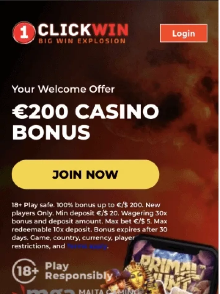 1ClickWin Casino homepage on mobile