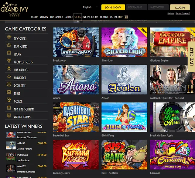 The Grand Ivy Casino Games Slots Selection