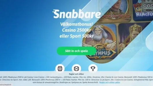 Rise of Olympus ikon, vit text och grön knapp på en ljusblå bakgrund hos Snabbare Casino