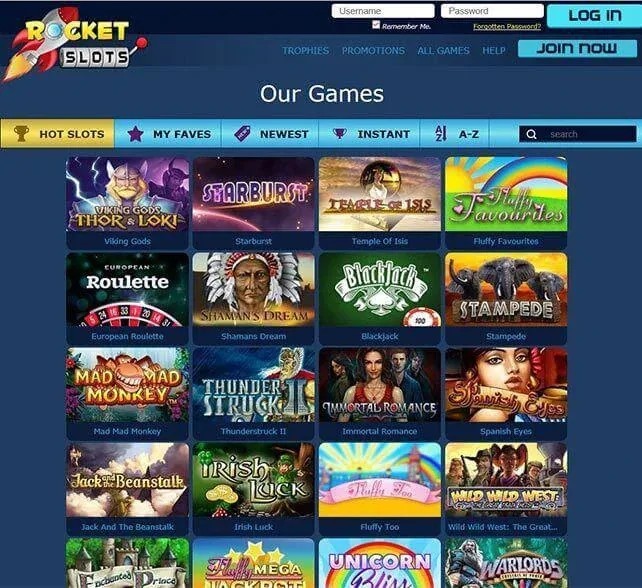 Rocket Slots Casino Games Selection