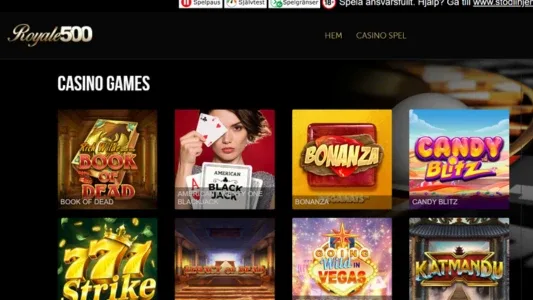 Spelautomater i olika färger på en svart bakgrund hos Royale500 Casino