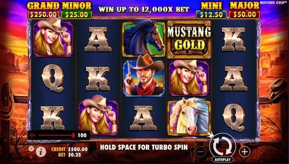 Screenshot of Mustang Gold American West themed game.