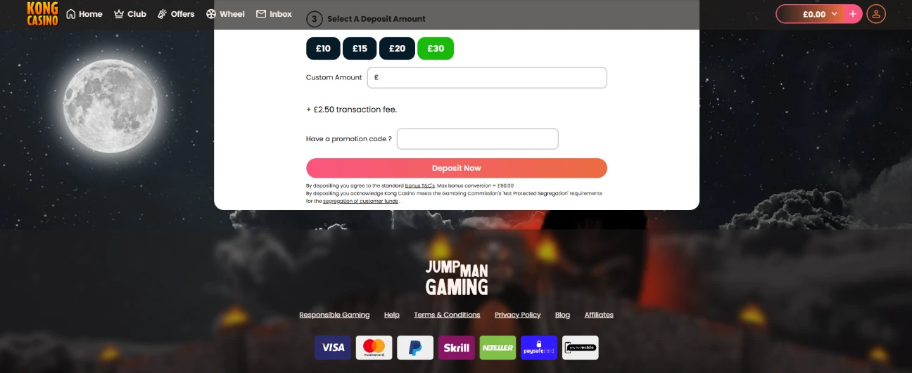Pay by phone deposit at Kong casino
