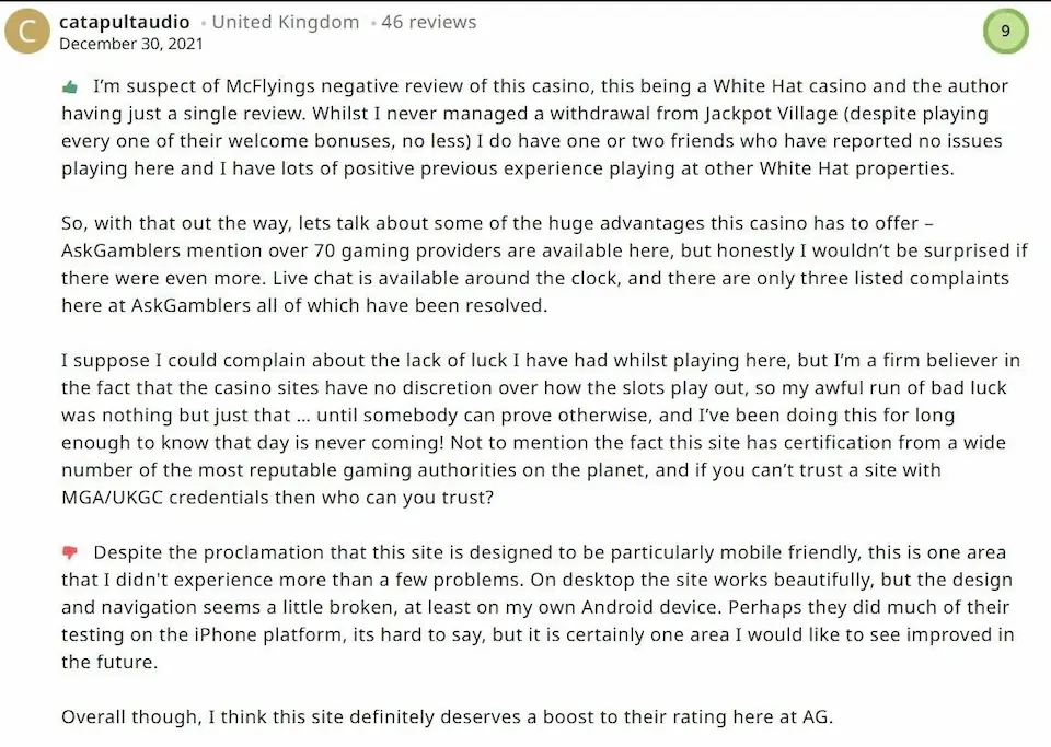 Jackpot Village customer review