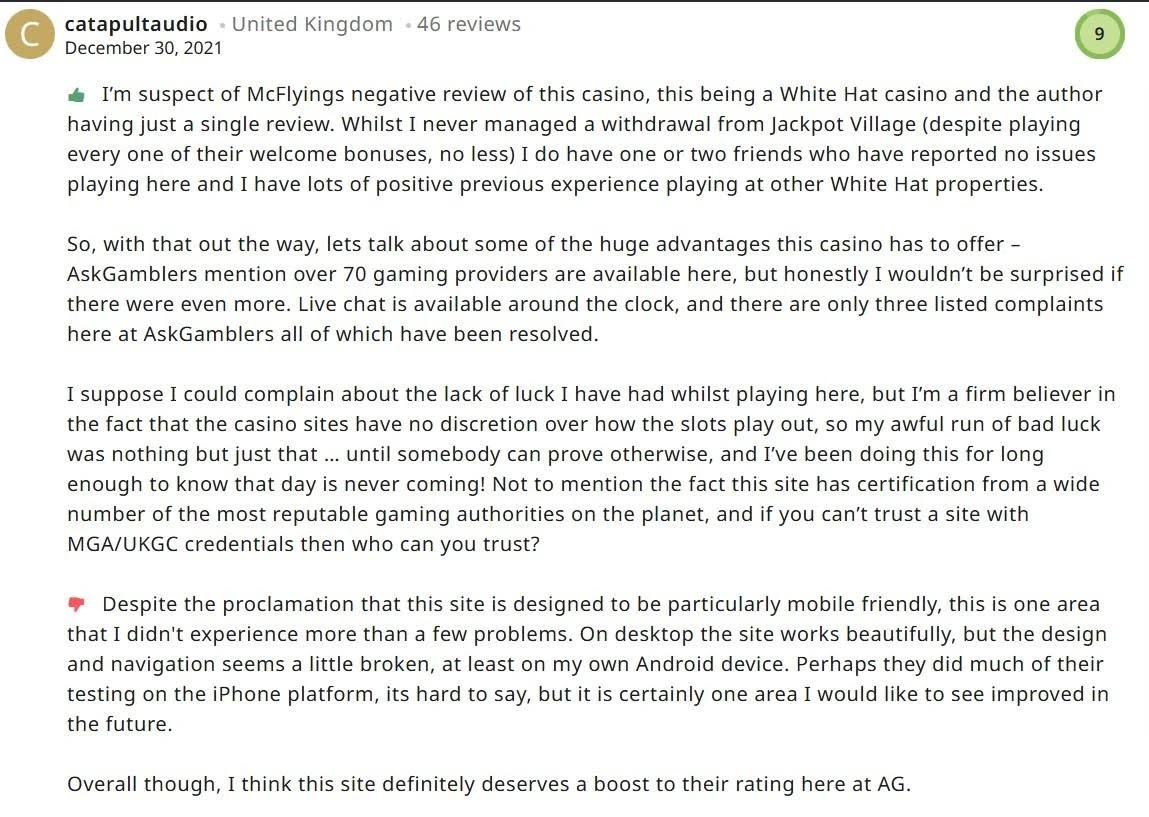 Jackpot Village customer review
