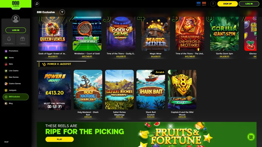 a screnshot of 888 casino's 888 exclusive section