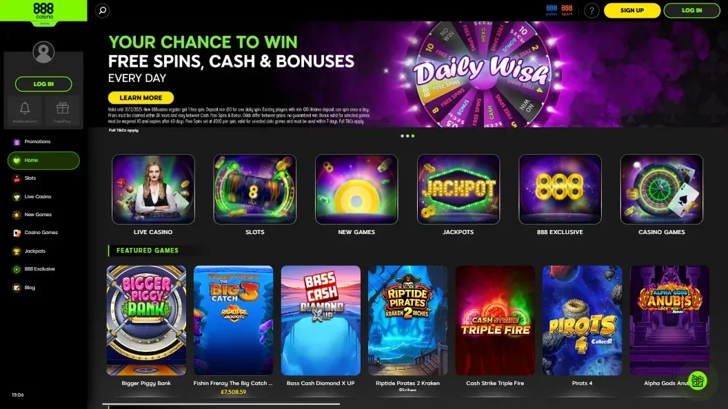 a screenshot of 888casino home page