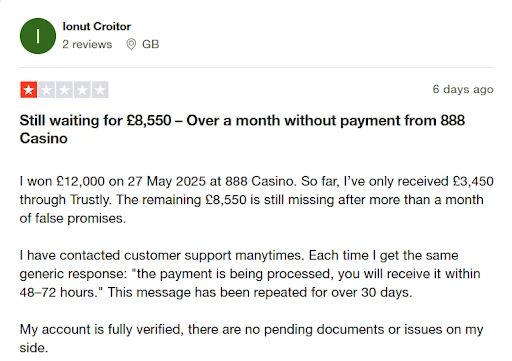 888casino trustpilot review by user Ionut