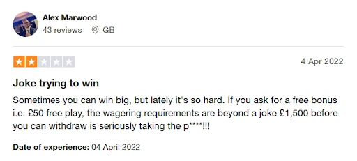 888casino trustpilot review by user Alex