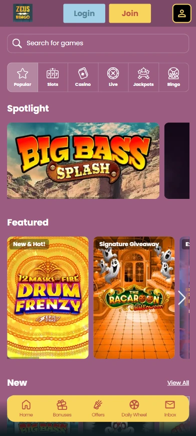 zeus bingo hp mobile