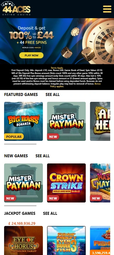 44aces homepage mobile