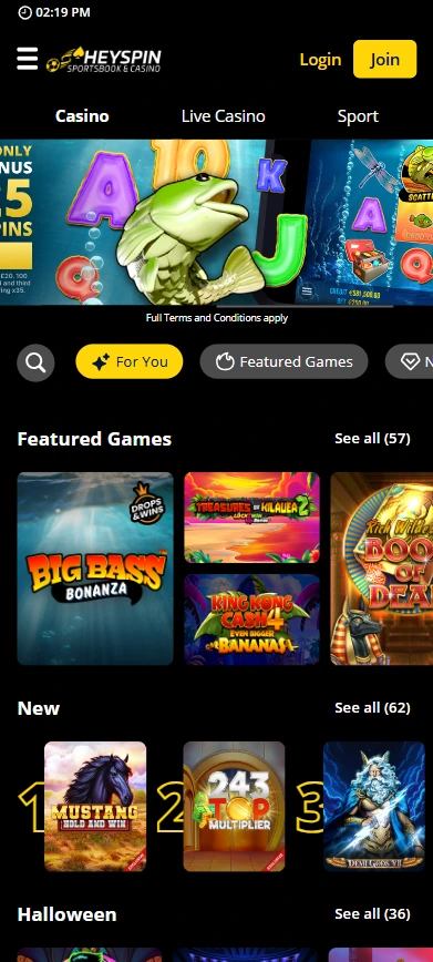 heyspin casino homepage mobile