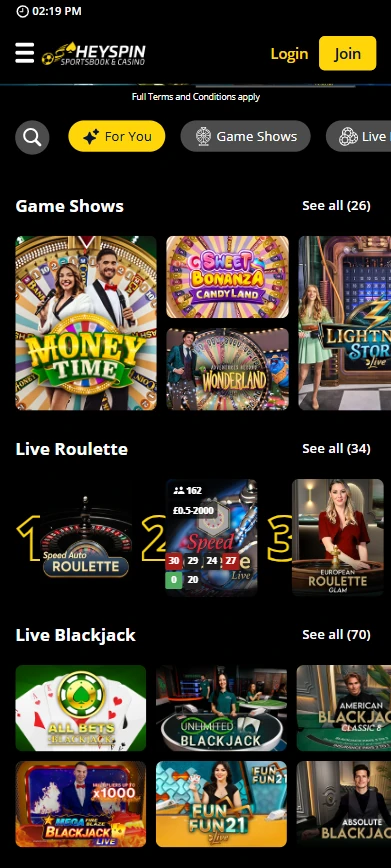heyspin casino live casino mobile