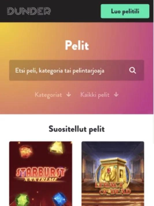 Dunder Casino pelit mobiilisti