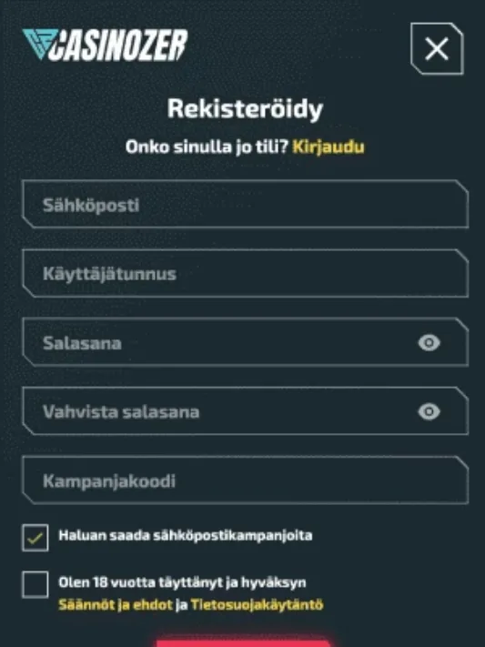 Casinozer Cainolle rekisteröityminen mobiilisti