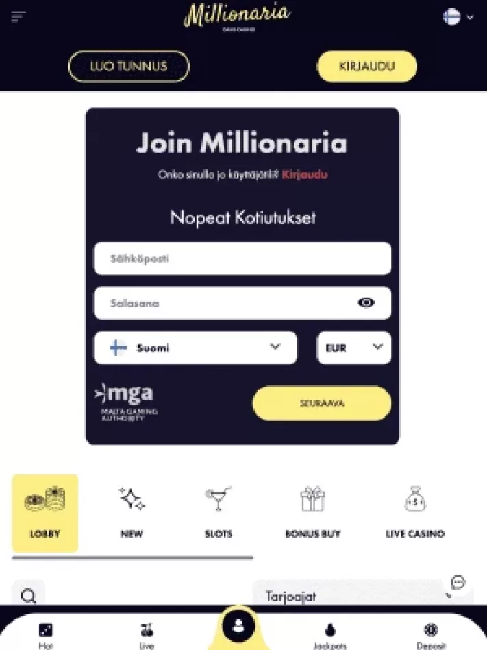 Millionaria Casinon etusivu mobiilisti