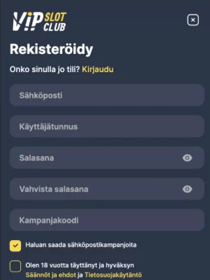 VIPSlotClub Casinolle rekisteröityminen mobiilisti