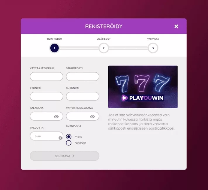 PlaYouWin Casinolle rekisteröityminen
