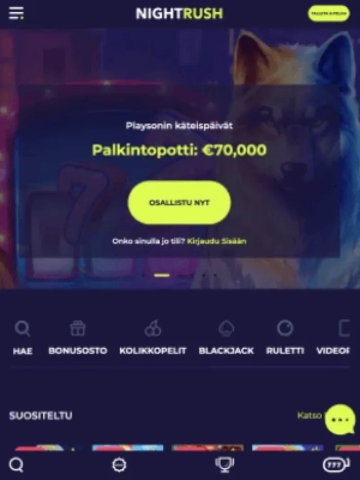 NightRush Casinon etusivu mobiilisti