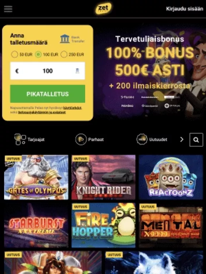 Zet Casinon etusivu mobiilisti