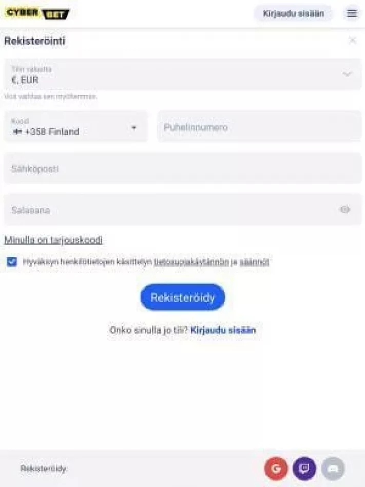 Cyberbet Casinolle rekisteröityminen mobiilisti