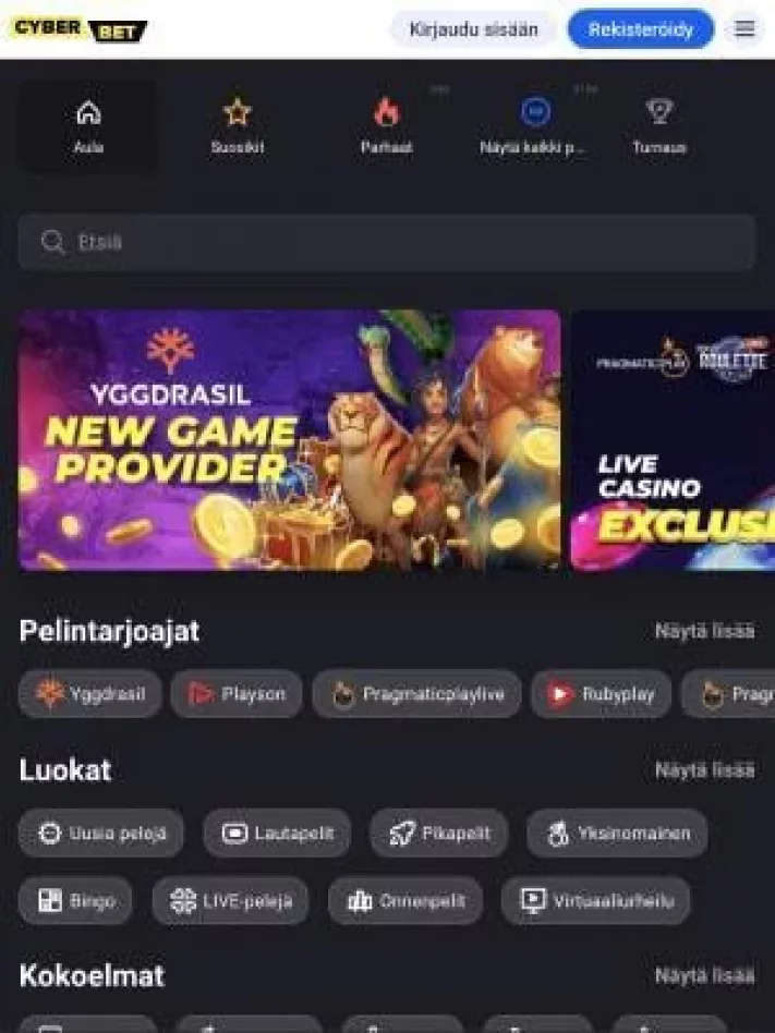 Cyberbet Casinon etusivu mobiilisti