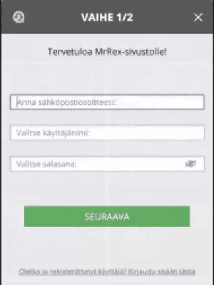 Mr Rex Casinolle rekisteröityminen mobiilisti