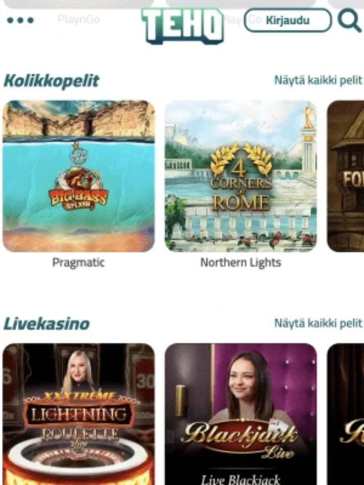 Teho Casinon pelit mobiilisti, kuvankaappaus