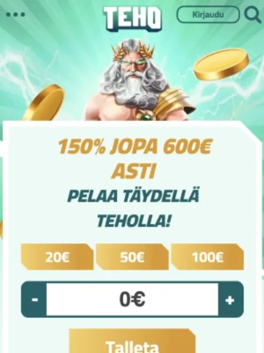 Teho Casinon etusivu mobiilisti, kuvankaappaus