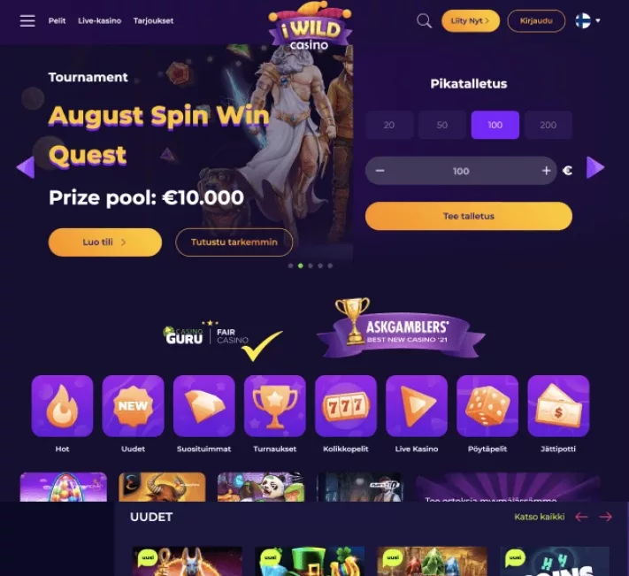 iWild Casinon etusivu, kuvankaappaus