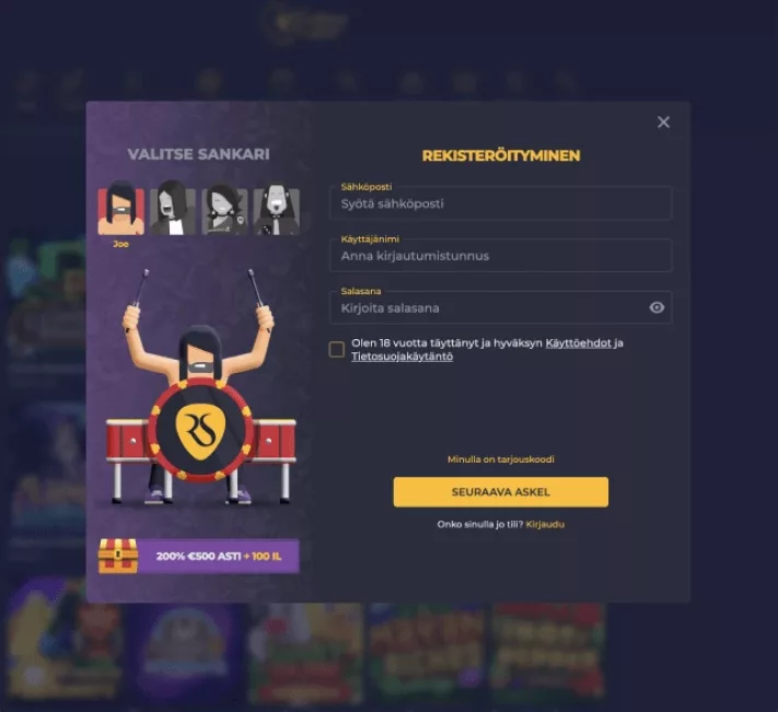 Rolling Slots Casino arvostelun kuvankaappaus, kasinolle rekisteröityminen