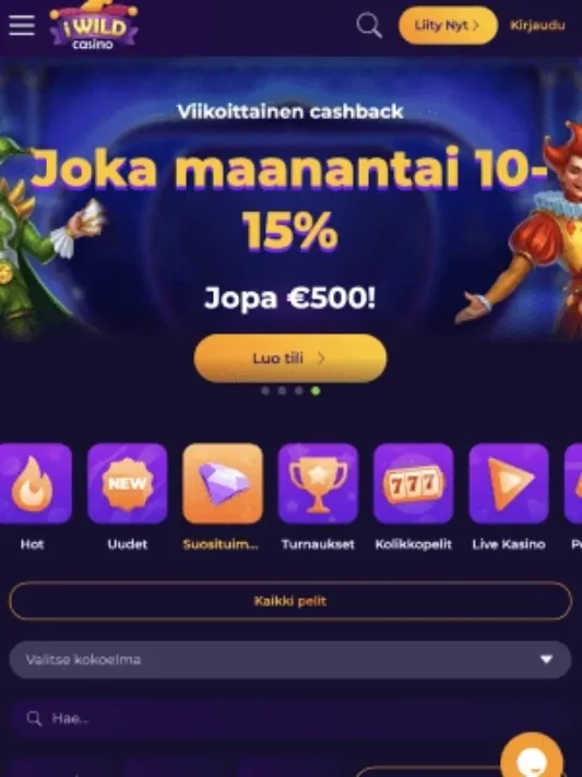 iWild Casinon etusivu mobiilisti, kuvankaappaus