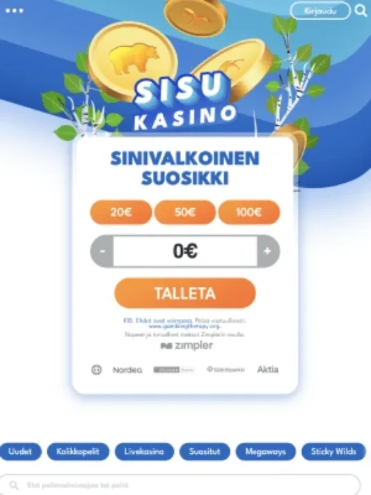 Sisukasinon etusivu mobiilisti, kuvankaappaus