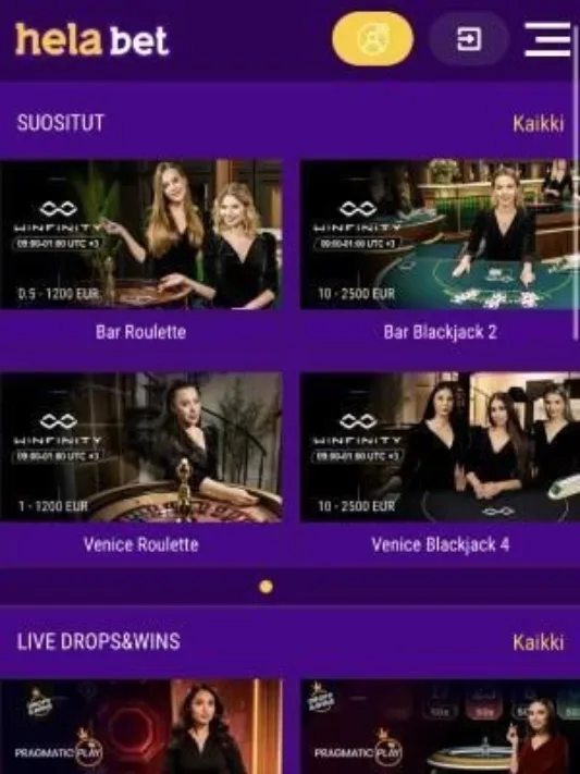 Kuvankaappaus Helabet Casinon etusivusta mobiilisti