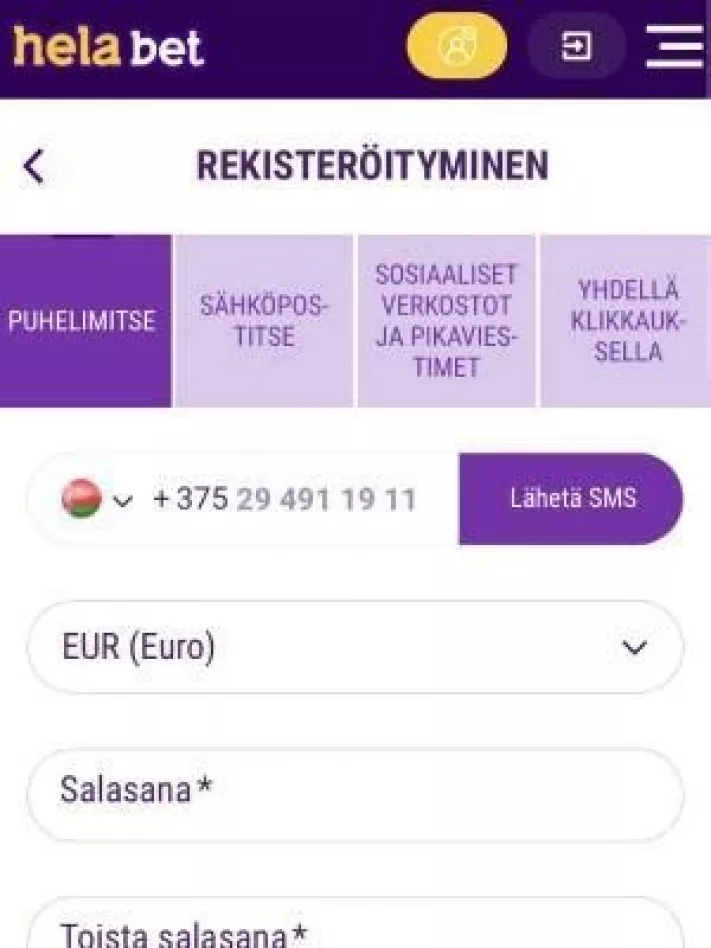 Kuvankaappaus Helabet Casinon rekisteröitymislomakkeesta mobiilisti