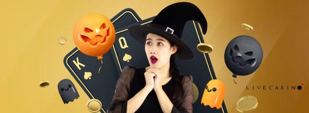 Halloween kampanja Livecasino.iolla, noita, kurpitsa ja pelikortit