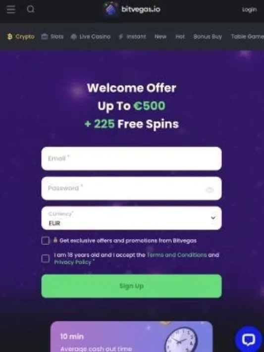 Kuvankaappaus Bitvegas Casinon etusivusta mobiilisti