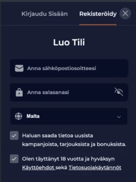 Nine Casino kuvankaappaus rekisteröitymisestä mobiilisti