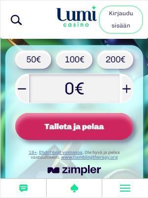 Kuvankaappaus Lumi Casinon etusivusta mobiilisti