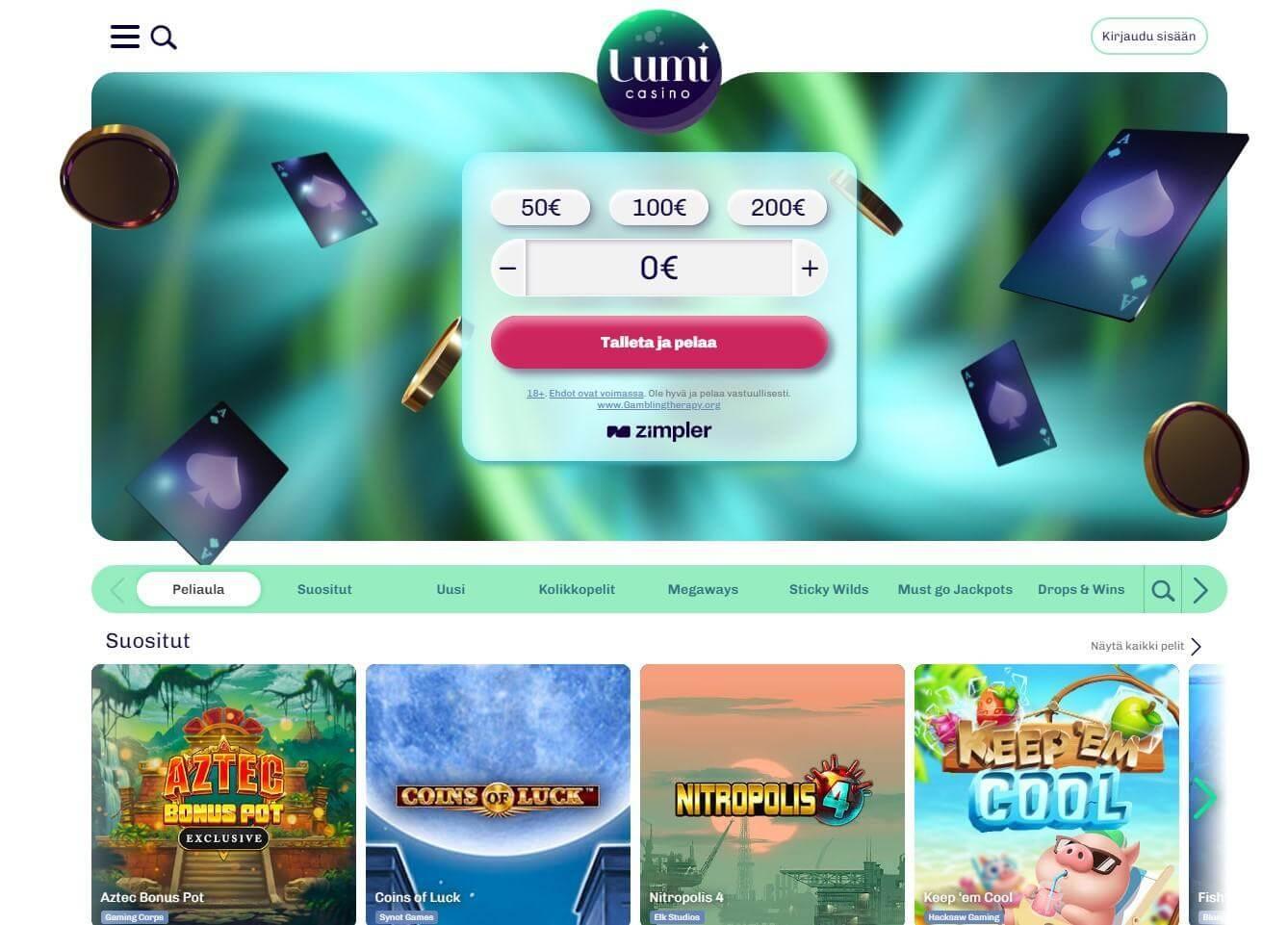 Kuvankaappaus Lumi Casinon etusivusta