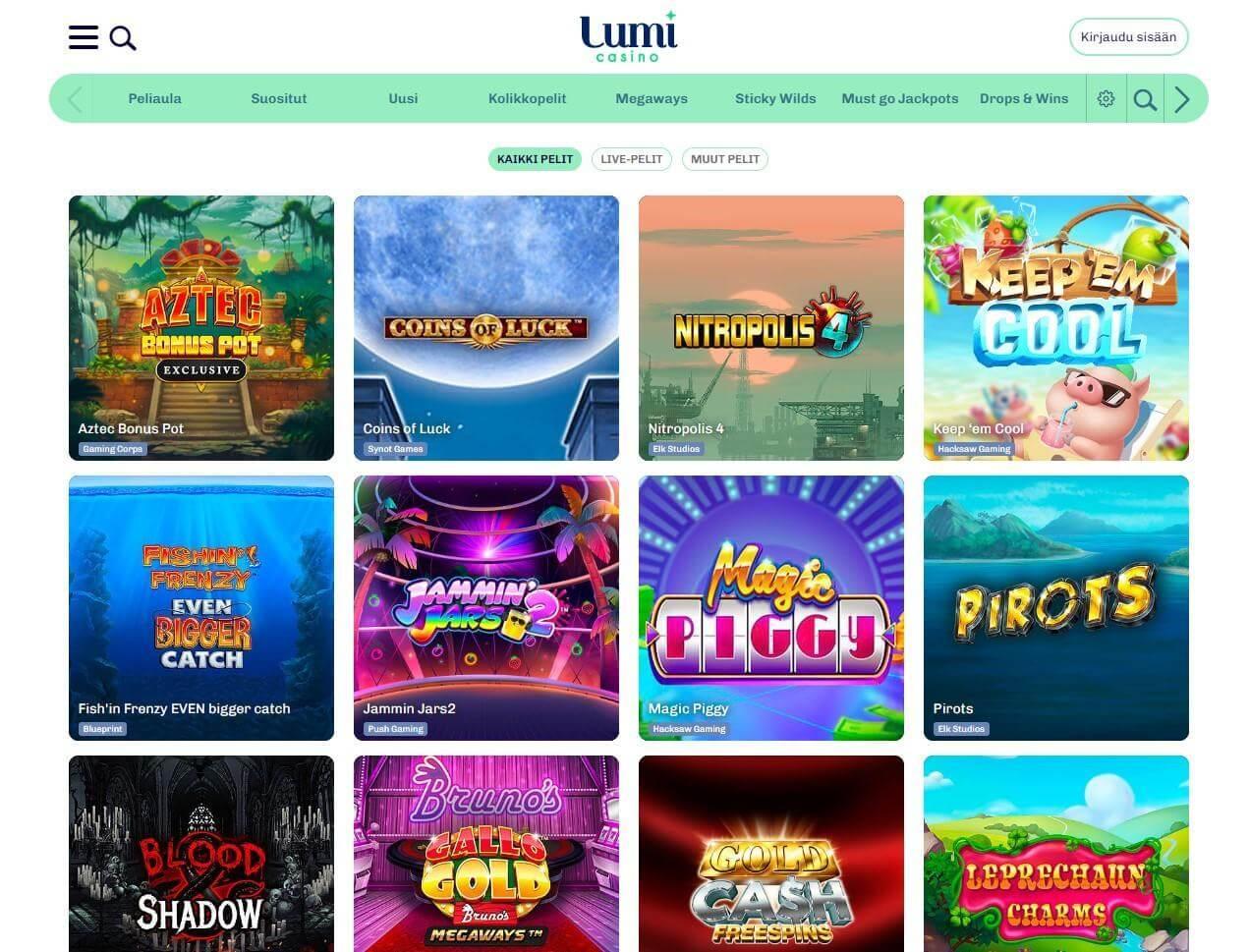 Kuvankaappaus Lumi Casinon peleistä