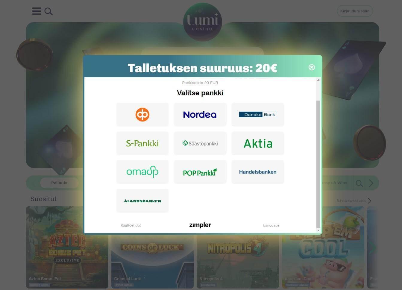 Kuvankaappaus Lumi Casinolle tallettamisesta