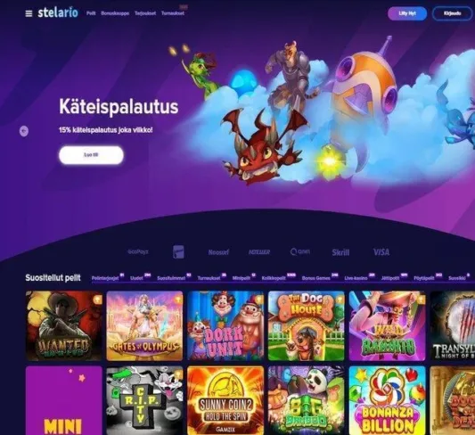 Kuvankaappaus Stelario Casinon etusivusta