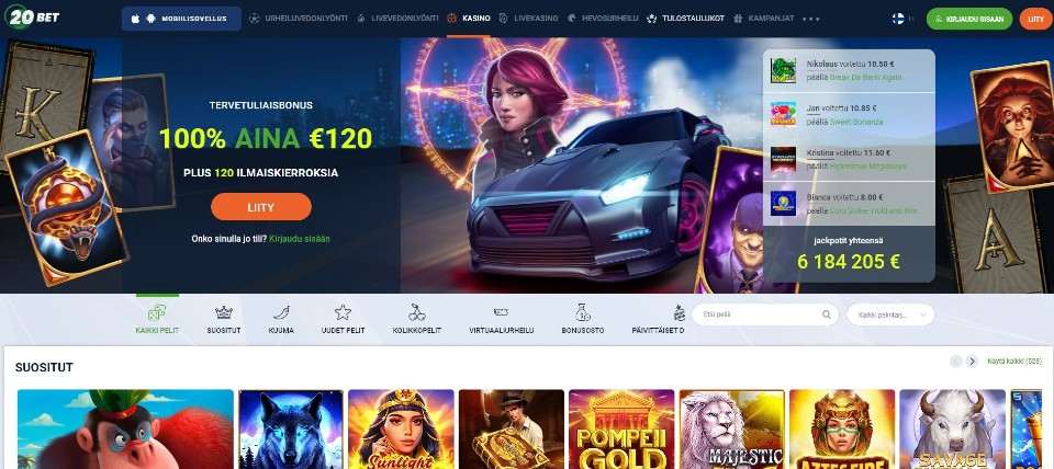 Kuvankaappaus 20Bet Casinon etusivusta, esillä tervetuliaisbonus ja pelivalikot